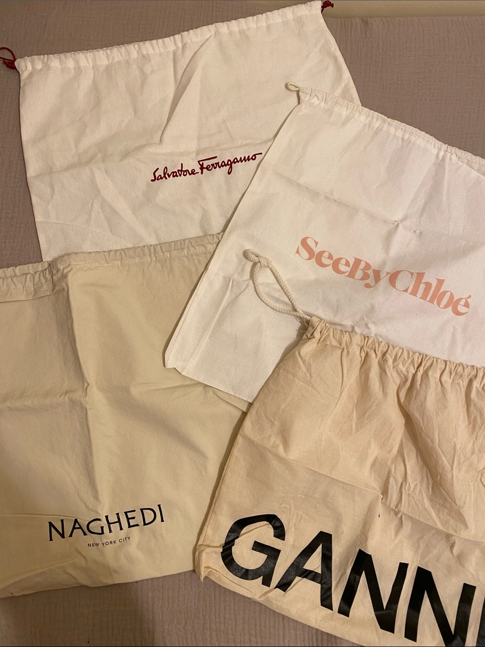 GANNI , See by Chloe, Salvatore Ferragamo, NAGHEDI Dust bag . Set 4